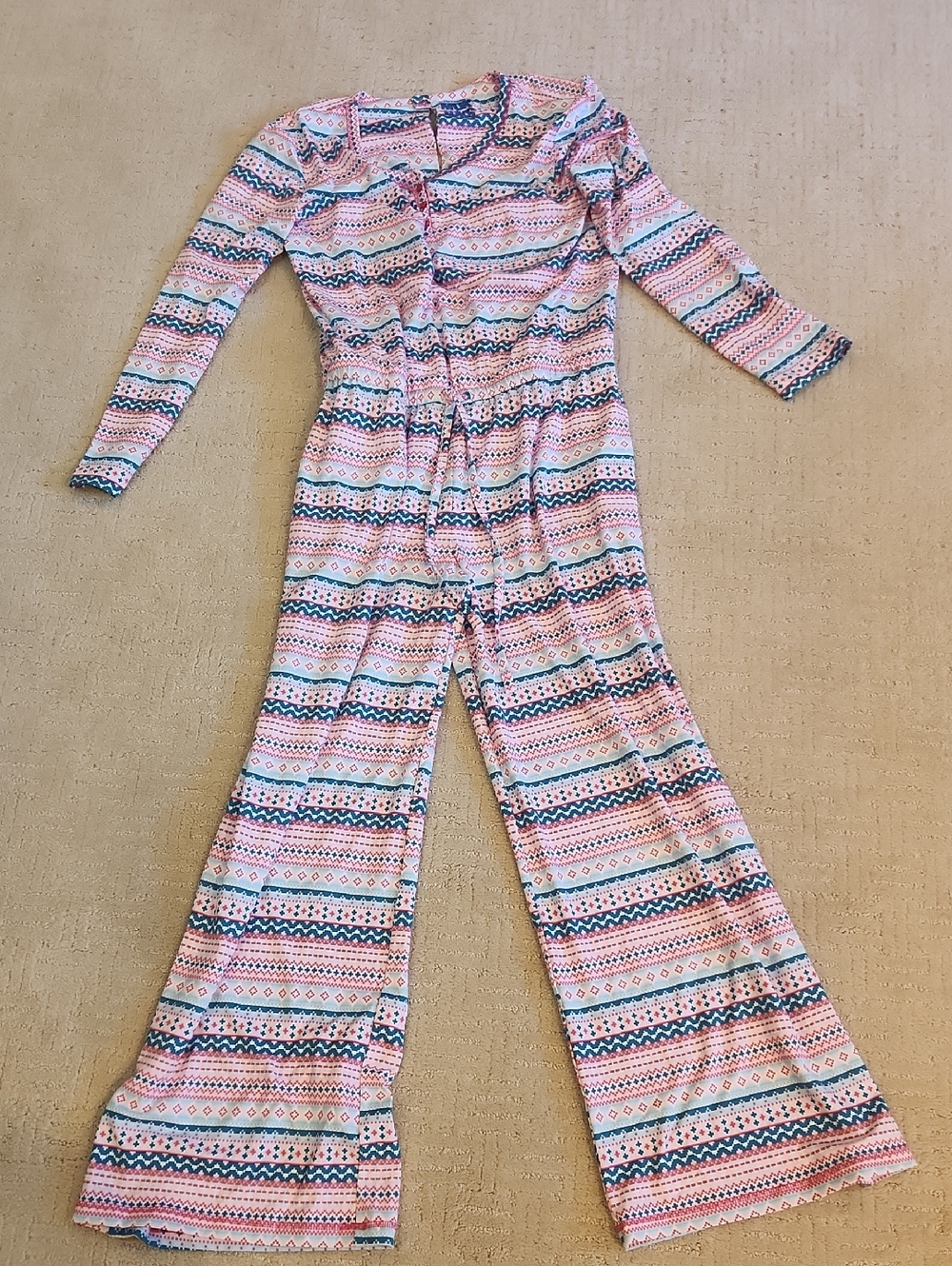Muk Luks Women’s Pink Patterned Long-Sleeve Jumpsuit Loungewear Or Pajamas